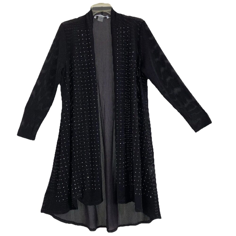NYGARD sz L Black Sparkle Rhinestone Open Front Long Tunic Duster Waterfall